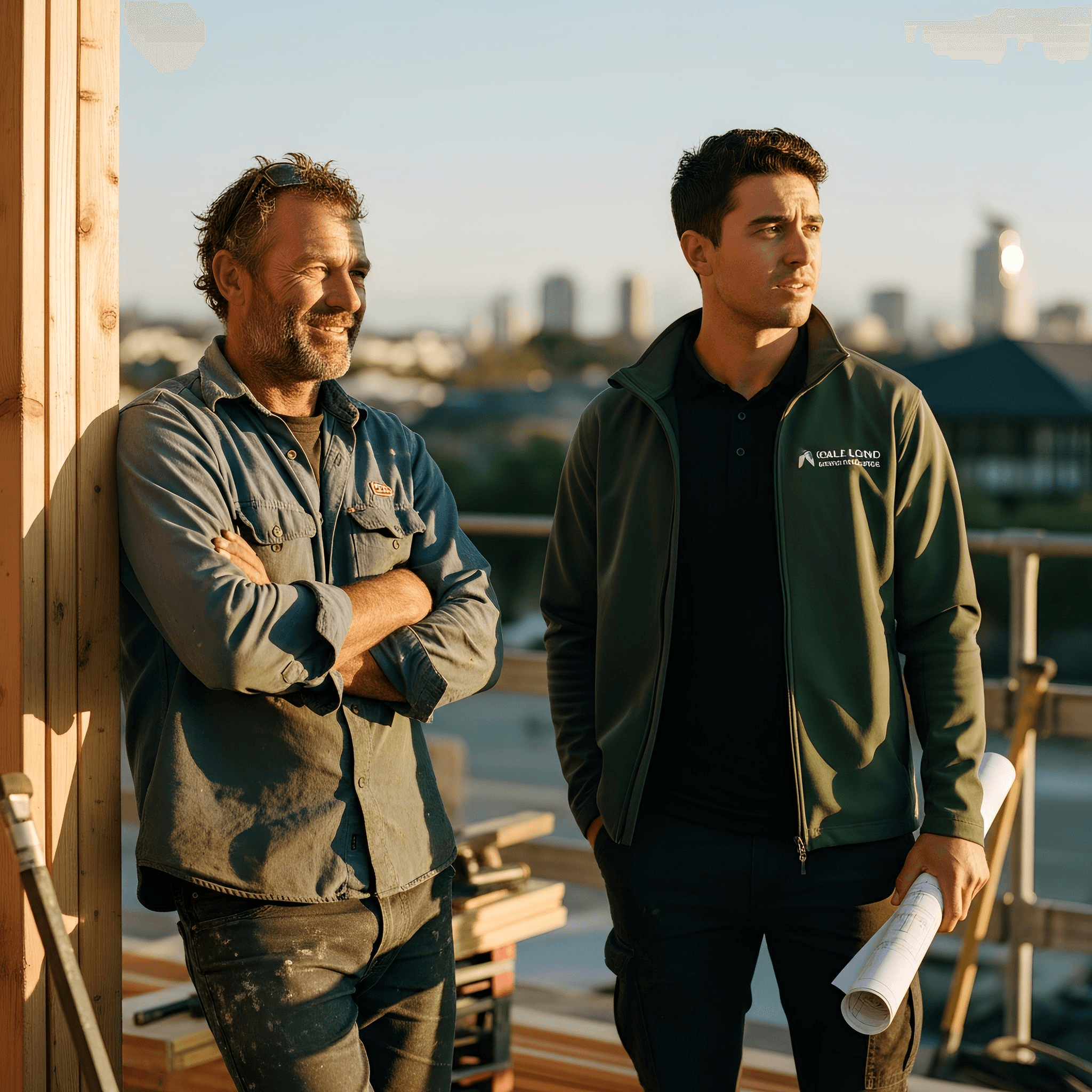 Builders reviewing plans at a residential site